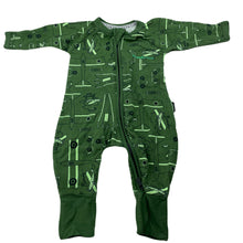 Load image into Gallery viewer, Boys Bonds, khaki zip wondersuit / zippy / romper, aeroplanes, EUC, size 0000,  