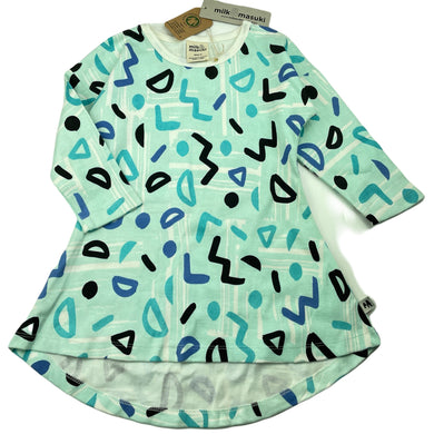 Girls Milk & Masuki, organic cotton blend long sleeve dress, NEW, size 3, L: 47cm at front