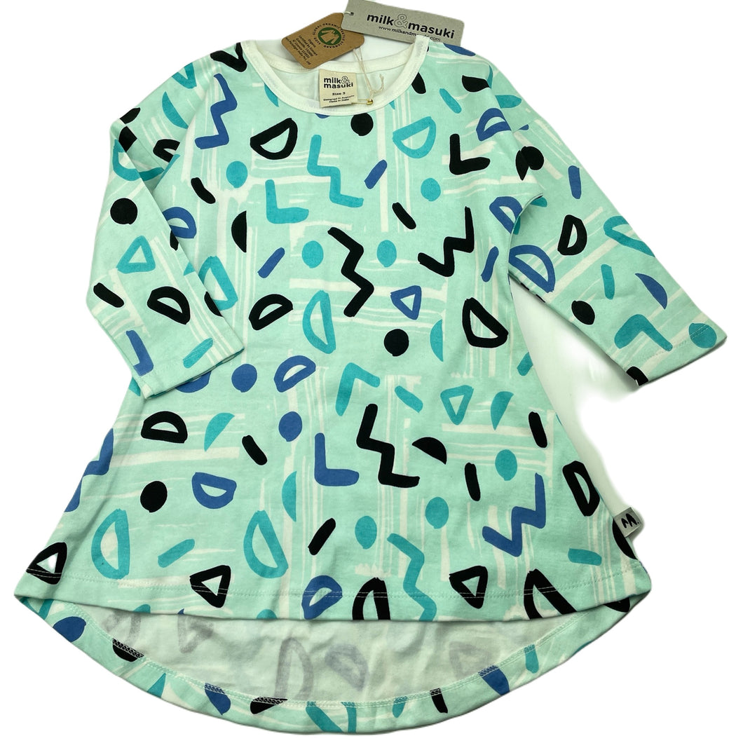 Girls Milk & Masuki, organic cotton blend long sleeve dress, NEW, size 3, L: 47cm at front