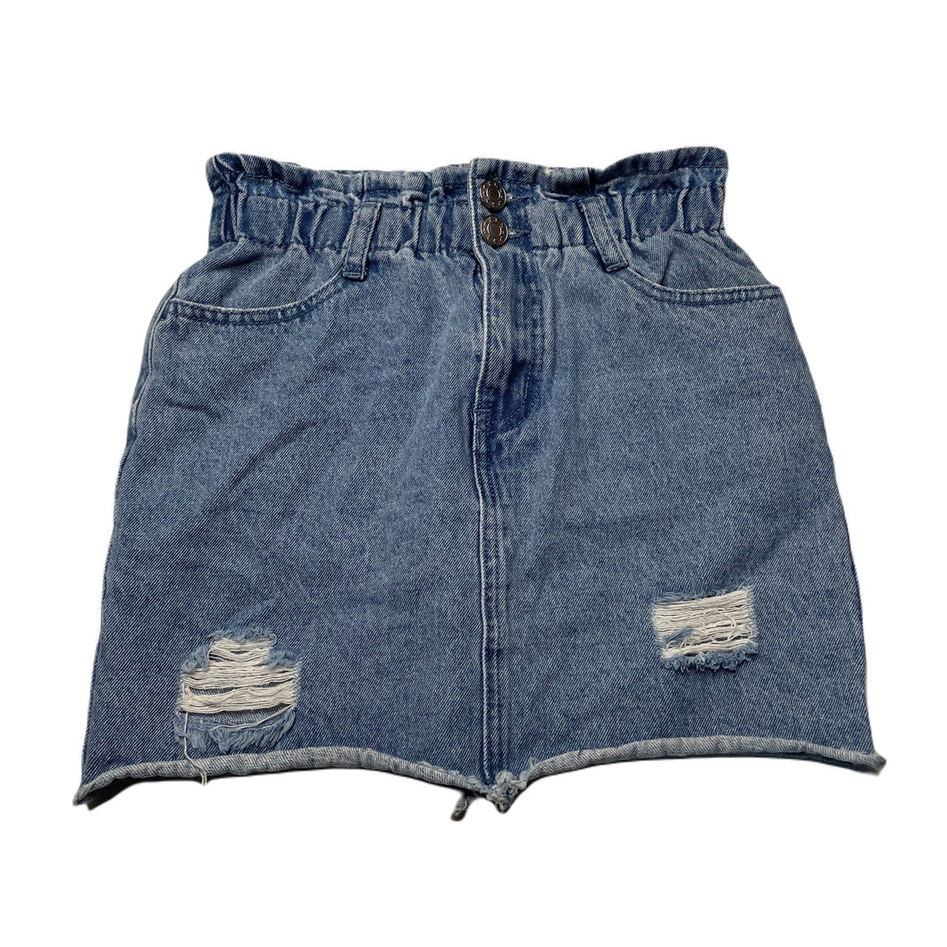 Girls Tilii, distressed denim skirt, elasticated, L: 34cm, GUC, size 10,  