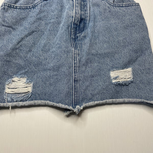 Girls Tilii, distressed denim skirt, elasticated, L: 34cm, GUC, size 10,  