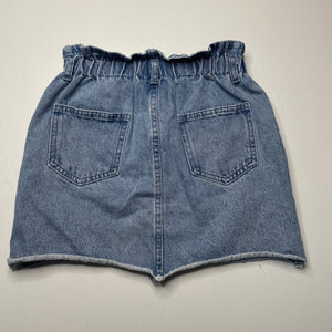 Girls Tilii, distressed denim skirt, elasticated, L: 34cm, GUC, size 10,  