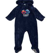 Load image into Gallery viewer, unisex Seasame Street, navy fleece zip coverall / romper, detachable hood, FUC, size 0,  