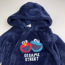 Load image into Gallery viewer, unisex Seasame Street, navy fleece zip coverall / romper, detachable hood, FUC, size 0,  