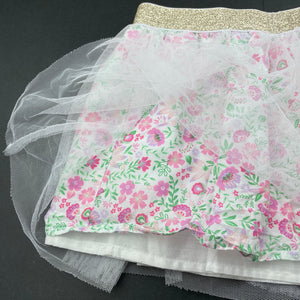 Girls floral, cotton & tulle skirt, elasticated, L: 25cm, EUC, size 4,  