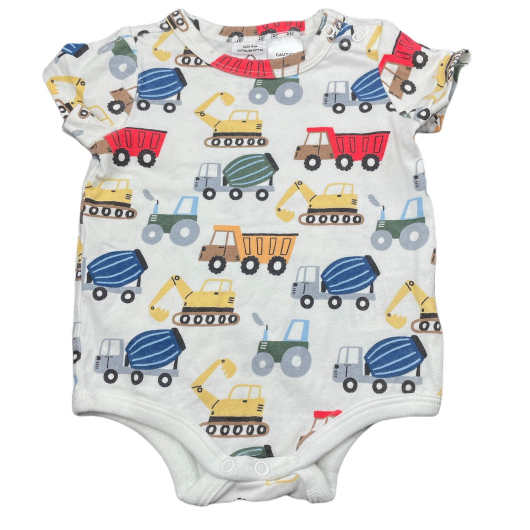 Boys Cotton On, soft feel bodysuit / romper, trucks, GUC, size 00,  