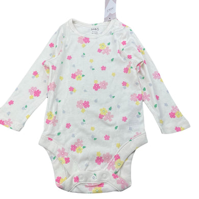 Girls M&S, floral cotton bodysuit / romper, NEW, size 0,  