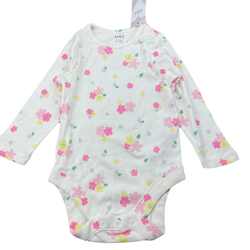 Girls M&S, floral cotton bodysuit / romper, NEW, size 0,  