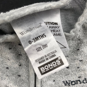 unisex Bonds, grey terry zip wondersuit / zippy / romper, GUC, size 000,  