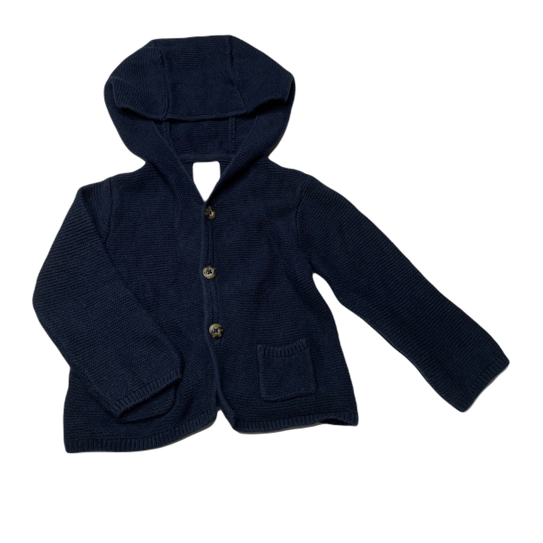 unisex Sprout, navy cotton knitted hooded cardigan, GUC, size 0,  