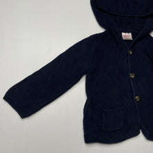 Load image into Gallery viewer, unisex Sprout, navy cotton knitted hooded cardigan, GUC, size 0,  