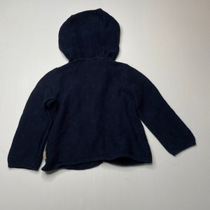 unisex Sprout, navy cotton knitted hooded cardigan, GUC, size 0,  