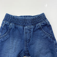 Load image into Gallery viewer, unisex Tiny Little Wonders, blue stretch denim pants, elasticated, EUC, size 000,  