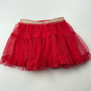 Girls Anko, lined red & gold tulle party skirt, elasticated, L: 23cm, EUC, size 1,  