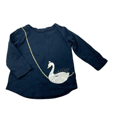 Girls Anko, navy cotton long sleeve top, swan, GUC, size 1,  