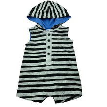 Load image into Gallery viewer, Boys Baby Berry, striped cotton hooded romper, EUC, size 0000,  