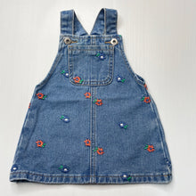 Load image into Gallery viewer, Girls Seed, embroidered denim overalls dress / pinafore, GUC, size 00, L: 36cm
