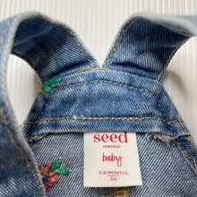 Load image into Gallery viewer, Girls Seed, embroidered denim overalls dress / pinafore, GUC, size 00, L: 36cm