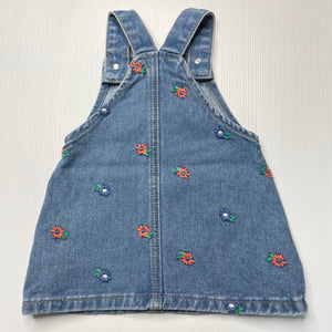 Girls Seed, embroidered denim overalls dress / pinafore, GUC, size 00, L: 36cm