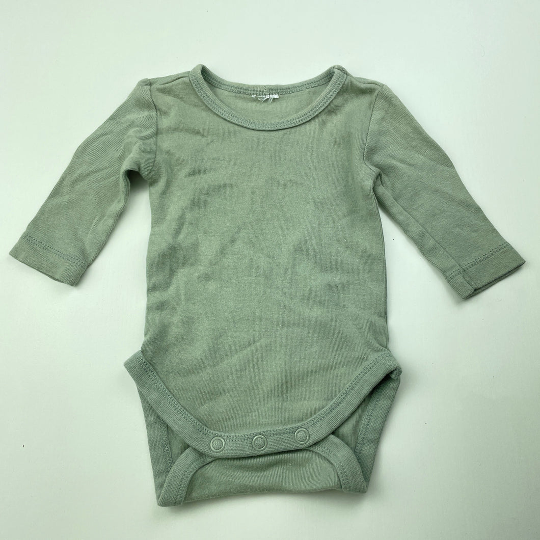unisex green, cotton bodysuit / romper, GUC, size 0000,  