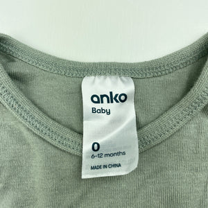 unisex Anko, green organic cotton bodysuit / romper, EUC, size 0,  