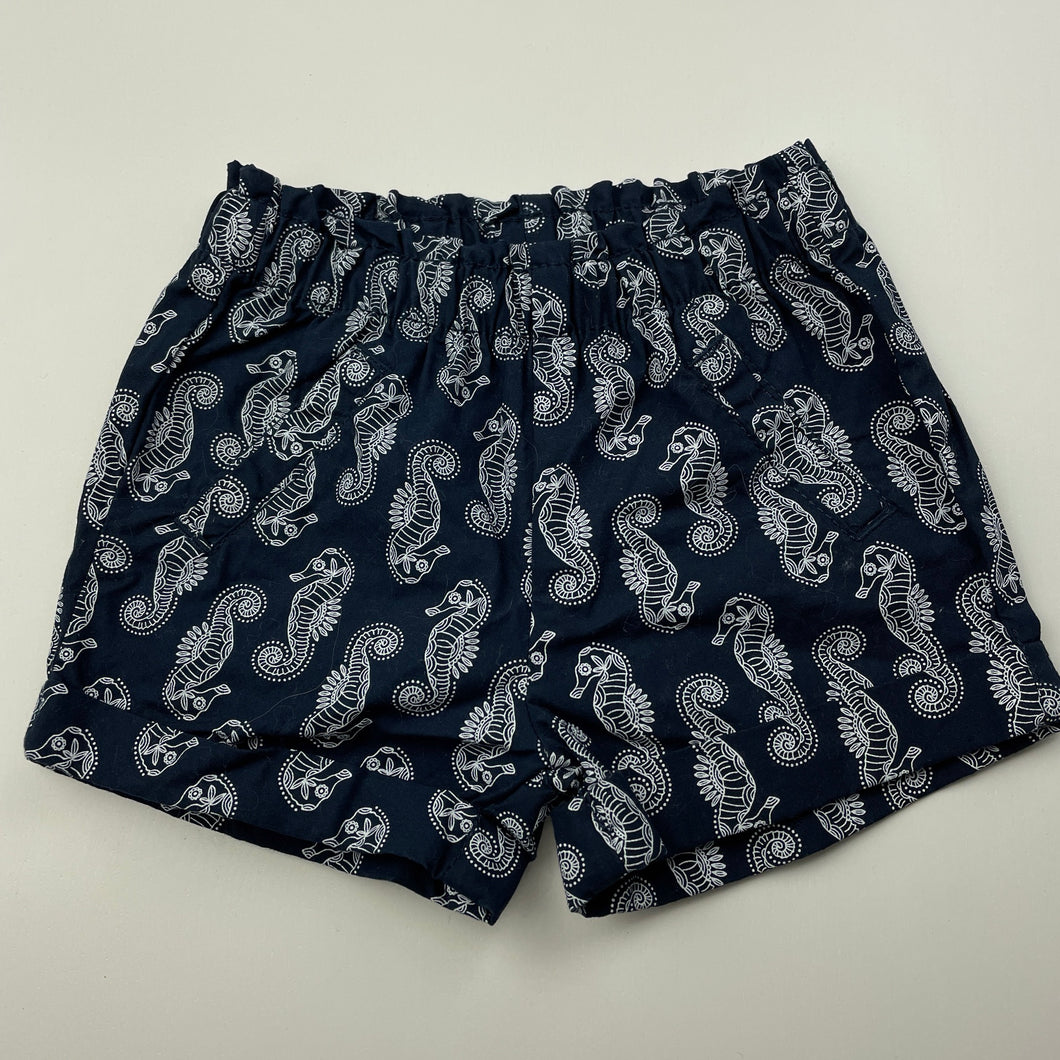 unisex Target, navy lightweight cotton shorts, elasticated, seahorses, EUC, size 000,  