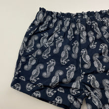 Load image into Gallery viewer, unisex Target, navy lightweight cotton shorts, elasticated, seahorses, EUC, size 000,  