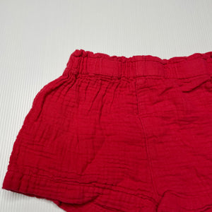 Girls Dymples, red crinkle cotton shorts, elasticated, FUC, size 2,  
