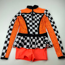 Load image into Gallery viewer, Girls A Wish Come True, black, white &amp; orange sequin dance costume, light mark on chest, FUC, size 8-10,  