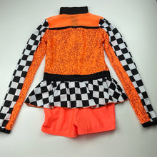 Load image into Gallery viewer, Girls A Wish Come True, black, white &amp; orange sequin dance costume, light mark on chest, FUC, size 8-10,  