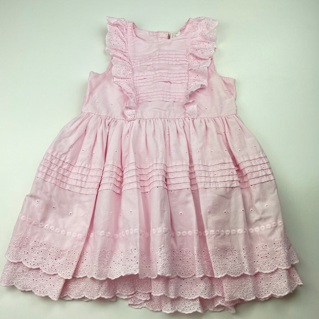Girls H&M, pink broderie cotton dress, EUC, size 1-2, L: 48cm