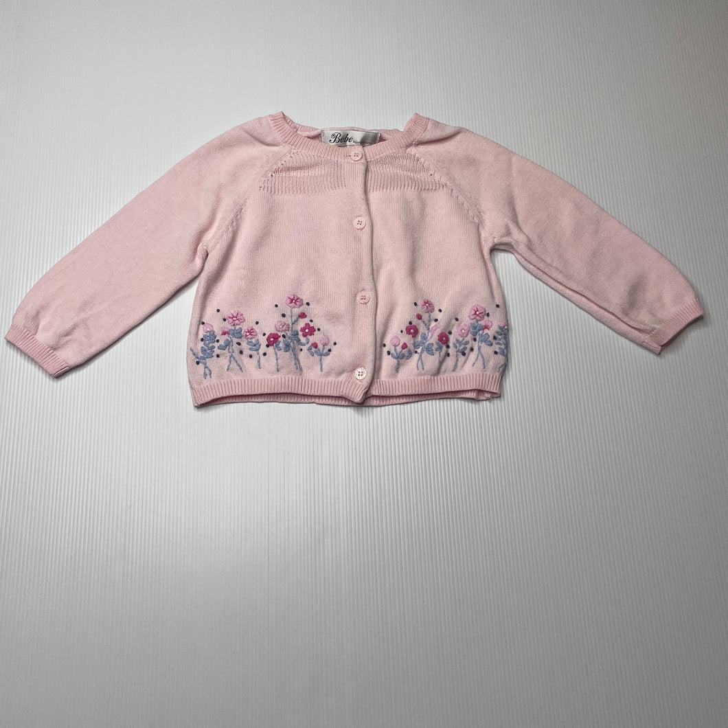 Girls Bebe by Minihaha, embroidered cotton knitted cardigan, light marks front, FUC, size 0,  