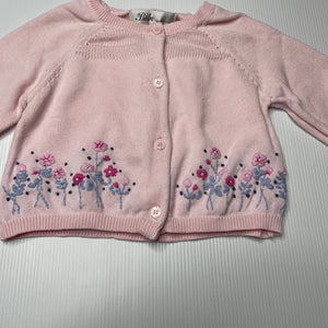 Girls Bebe by Minihaha, embroidered cotton knitted cardigan, light marks front, FUC, size 0,  