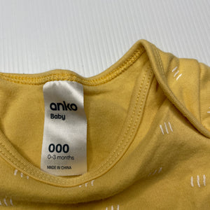 unisex Anko, yellow cotton bodysuit / romper, GUC, size 000,  