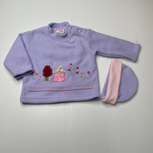 Girls TEDDY WEAR, embroidered fleece sweater + matching hat, EUC, size 0,  