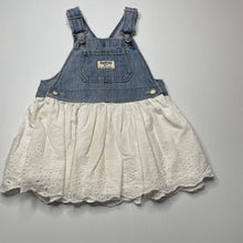 Load image into Gallery viewer, Girls Osh Kosh, spliced denim &amp; broderie cotton overalls dress / pinafore, discolouration on skirt, FUC, size 1, L: 44cm