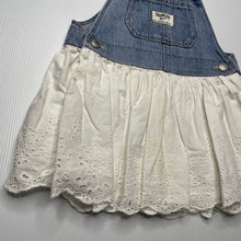 Load image into Gallery viewer, Girls Osh Kosh, spliced denim &amp; broderie cotton overalls dress / pinafore, discolouration on skirt, FUC, size 1, L: 44cm