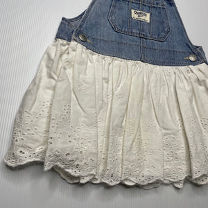 Girls Osh Kosh, spliced denim & broderie cotton overalls dress / pinafore, discolouration on skirt, FUC, size 1, L: 44cm