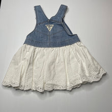 Load image into Gallery viewer, Girls Osh Kosh, spliced denim &amp; broderie cotton overalls dress / pinafore, discolouration on skirt, FUC, size 1, L: 44cm