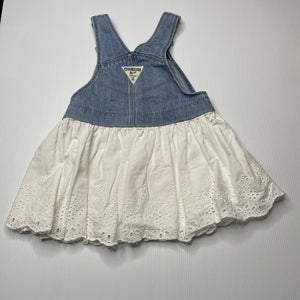 Girls Osh Kosh, spliced denim & broderie cotton overalls dress / pinafore, discolouration on skirt, FUC, size 1, L: 44cm