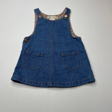 Load image into Gallery viewer, Girls Zara, denim overalls dress / pinafore, mark on back, FUC, size 0, L: 37cm