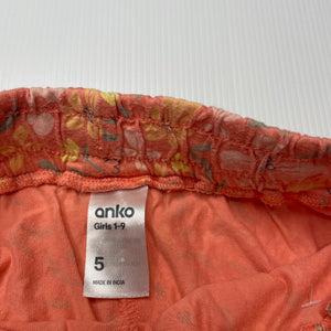 Girls Anko, orange cotton floral shorts, elasticated, GUC, size 5,  