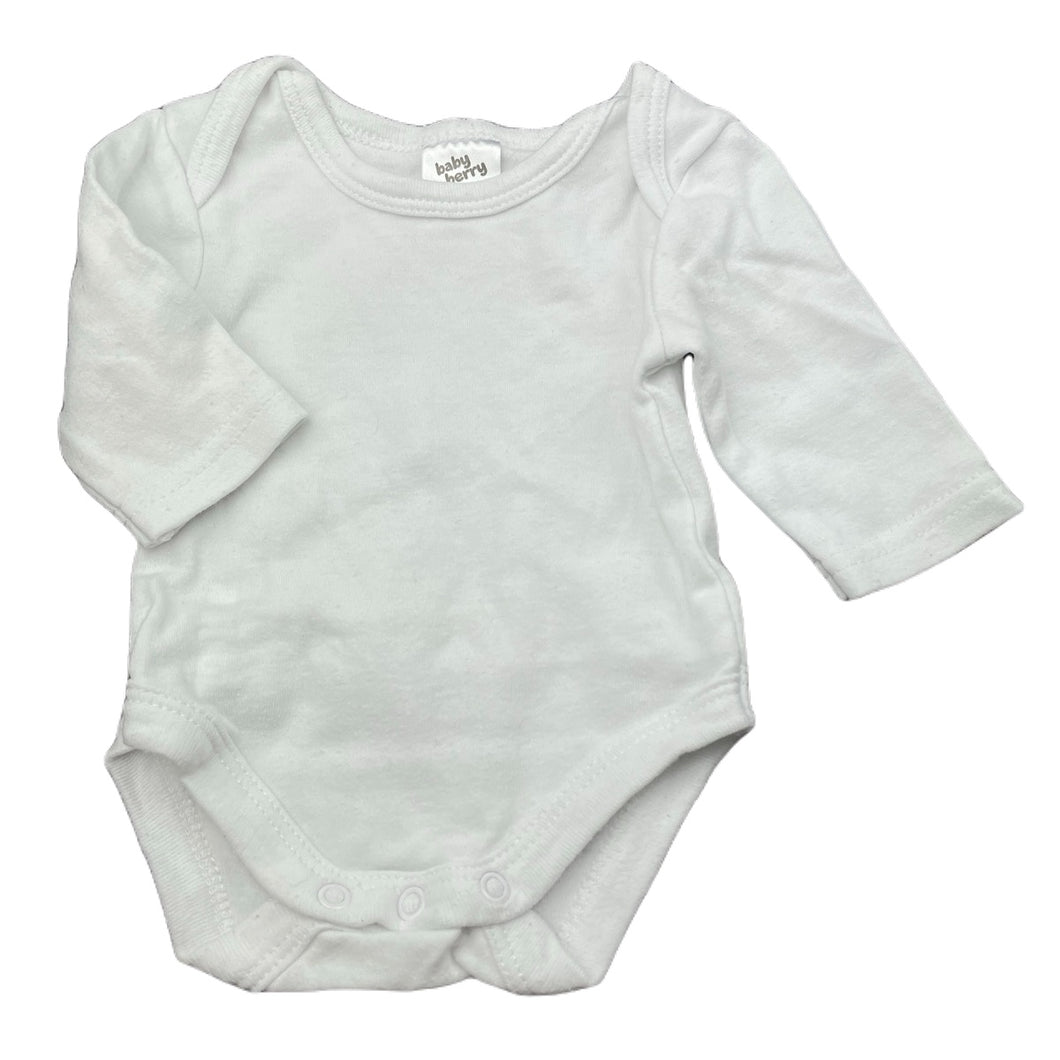 unisex Baby Berry, white cotton bodysuit / romper, GUC, size 0000,  