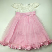 Load image into Gallery viewer, Girls Santa &amp; Barbara, spliced tulle &amp; floral lace dress, light marks on ribbon, FUC, size 3, L: 53cm
