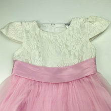 Load image into Gallery viewer, Girls Santa &amp; Barbara, spliced tulle &amp; floral lace dress, light marks on ribbon, FUC, size 3, L: 53cm