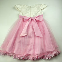 Load image into Gallery viewer, Girls Santa &amp; Barbara, spliced tulle &amp; floral lace dress, light marks on ribbon, FUC, size 3, L: 53cm