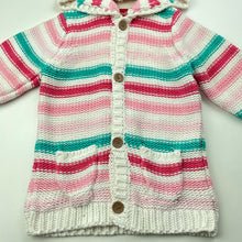 Load image into Gallery viewer, Girls Sprout, striped knitted cotton hooded cardigan / sweater, GUC, size 0,  