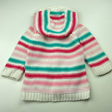 Load image into Gallery viewer, Girls Sprout, striped knitted cotton hooded cardigan / sweater, GUC, size 0,  