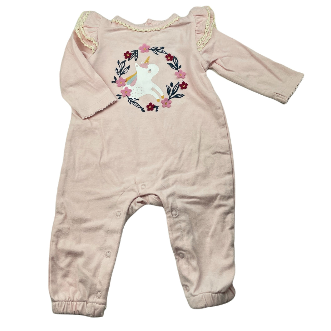 Girls Sprout, pink stretchy romper, unicorn, EUC, size 000,  