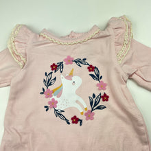 Load image into Gallery viewer, Girls Sprout, pink stretchy romper, unicorn, EUC, size 000,  